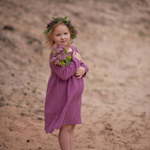 Robe à manches longues en mousseline de coton pour fille Myrtille