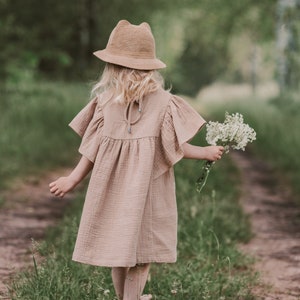 Girls Muslin Dress, Butterfly Sleeves, Cotton, BEIGE