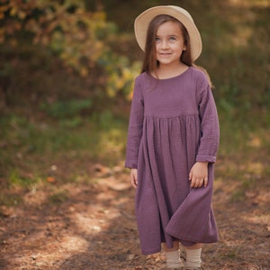 Girls Muslin Dress, Long Sleeve, Cotton, GRAPE Colour image 1