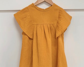 Girls Muslin Dress Butterfly Sleeves Cotton MUSTARD