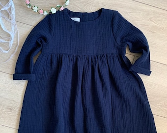 Girls Muslin Long Sleeve Dress, Cotton Navy Blue