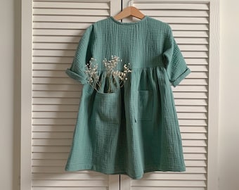 Muslin Double Gauze, 3/4 Sleeve Dress, OCEAN BLUE and more colours