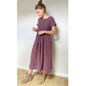 Loose short sleeve double gauze woman dress , GRAPE Colour, Cotton zdjęcie 2