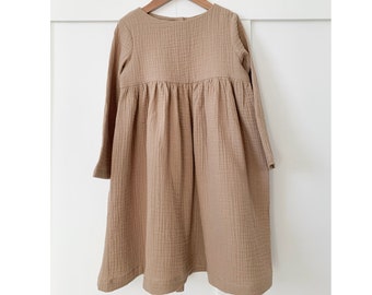 Girls Muslin Long Sleeve Dress Cotton BEIGE