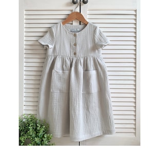 Girls Muslin Short Sleeve Dress Cotton LIGHT GRAY