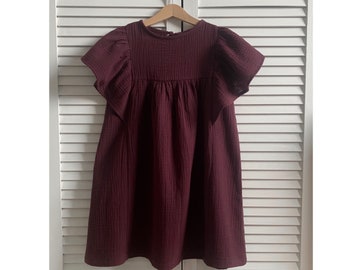 Girls Muslin Dress Butterfly Sleeves Cotton WINDSOR WINE