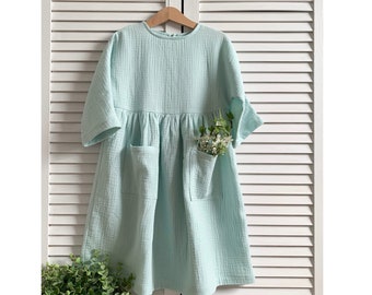 Tissu double gaze de mousseline, robe à manches 3/4, vert menthe et autres couleurs