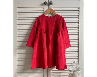 Girls Muslin Long Sleeve Dress Cotton RED