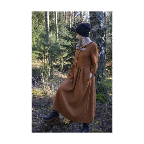 Robe longue en mousseline pour femme, Robe oversize, Couleur CARAMEL