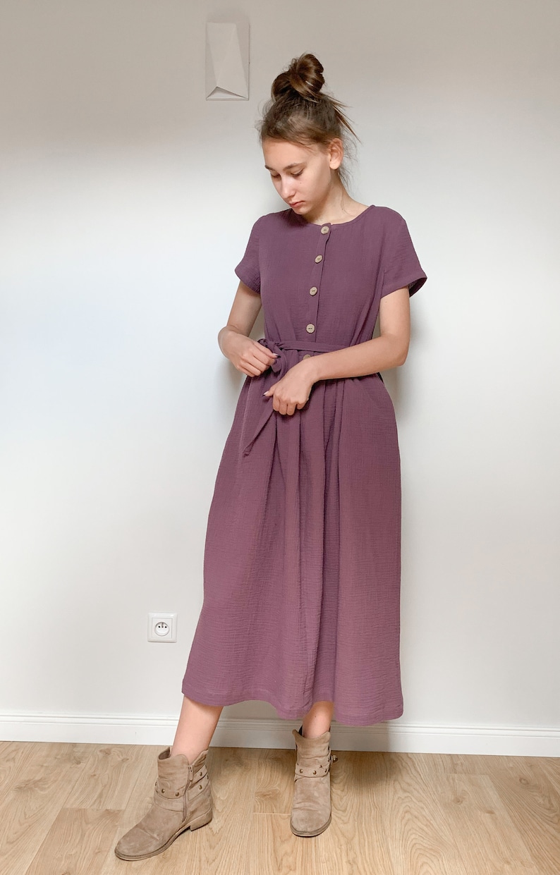 Muslin Dress, Woman dress, Double gauze, NATURAL Colour Grape