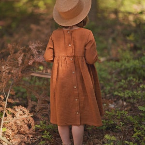 Girls Muslin Dress, Long Sleeve, Cotton, Caramel zdjęcie 7