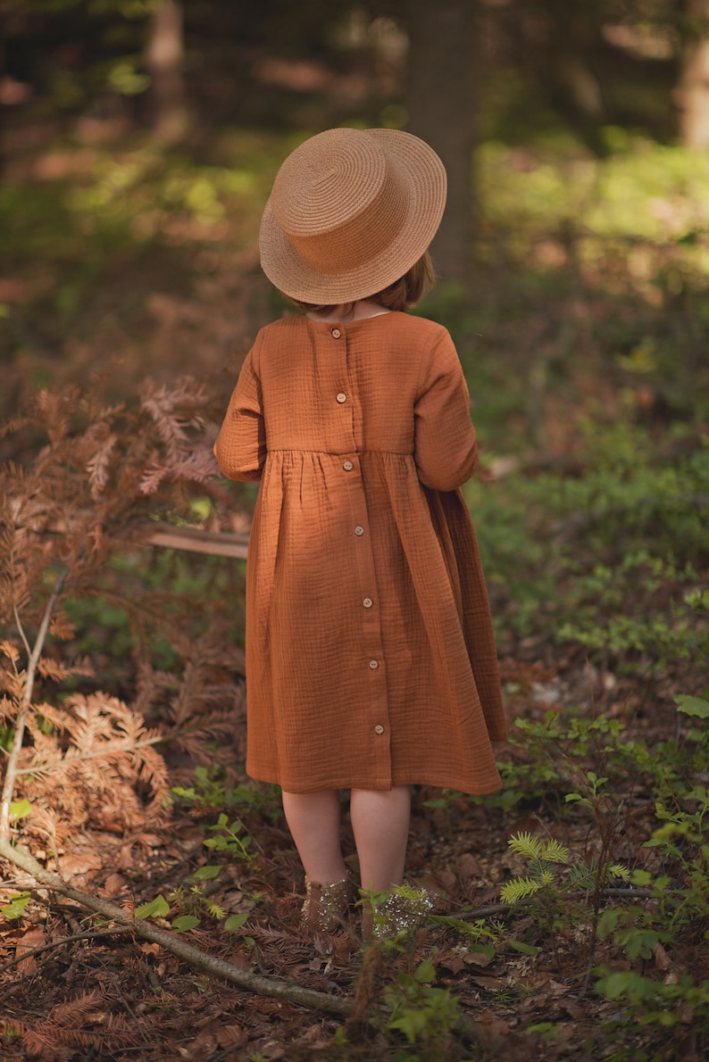 Girls Muslin Dress, Long Sleeve, Cotton, Caramel zdjęcie 7