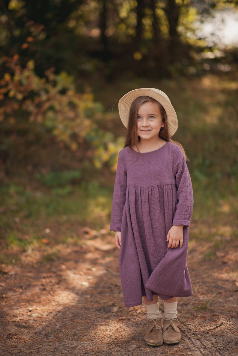 Girls Muslin Dress, Long Sleeve, Cotton, GRAPE Colour image 1