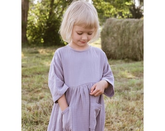 Muslin Double Gauze, 3/4 Sleeve Dress, LAVENDER and more colours