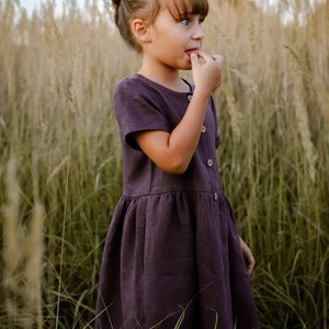 Linen short sleeve dress for girls, loose fit, PLUM image 5