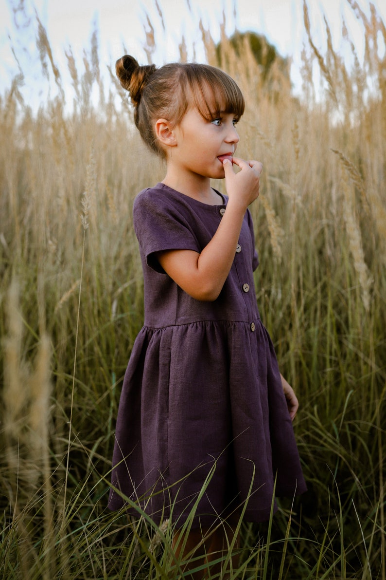 Linen short sleeve dress for girls, loose fit, PLUM image 5