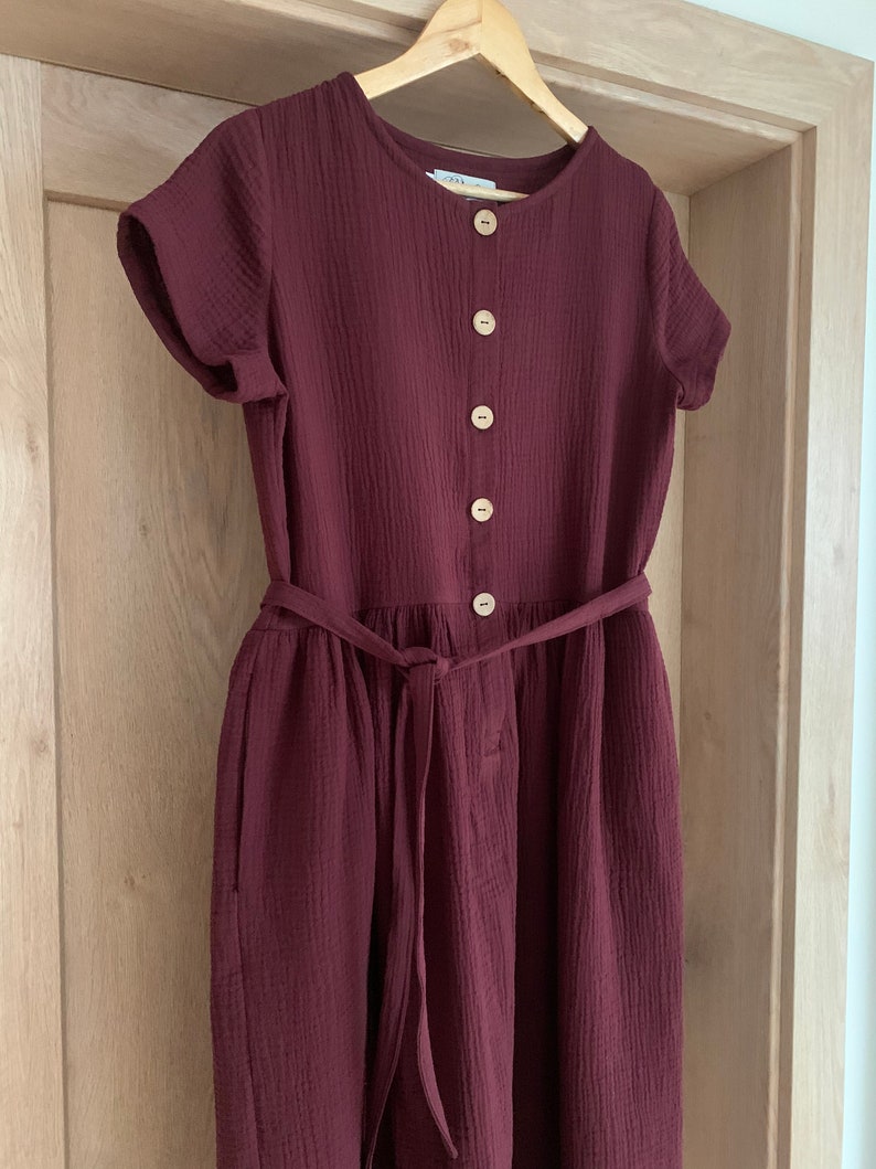 Loose short sleeve double gauze woman dress , GRAPE Colour, Cotton Windsor Wine