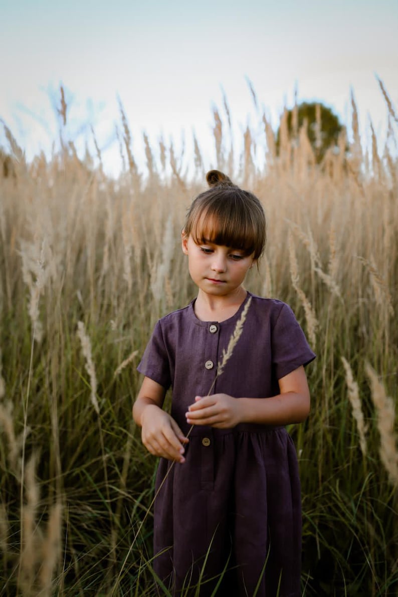 Linen short sleeve dress for girls, loose fit, PLUM image 4