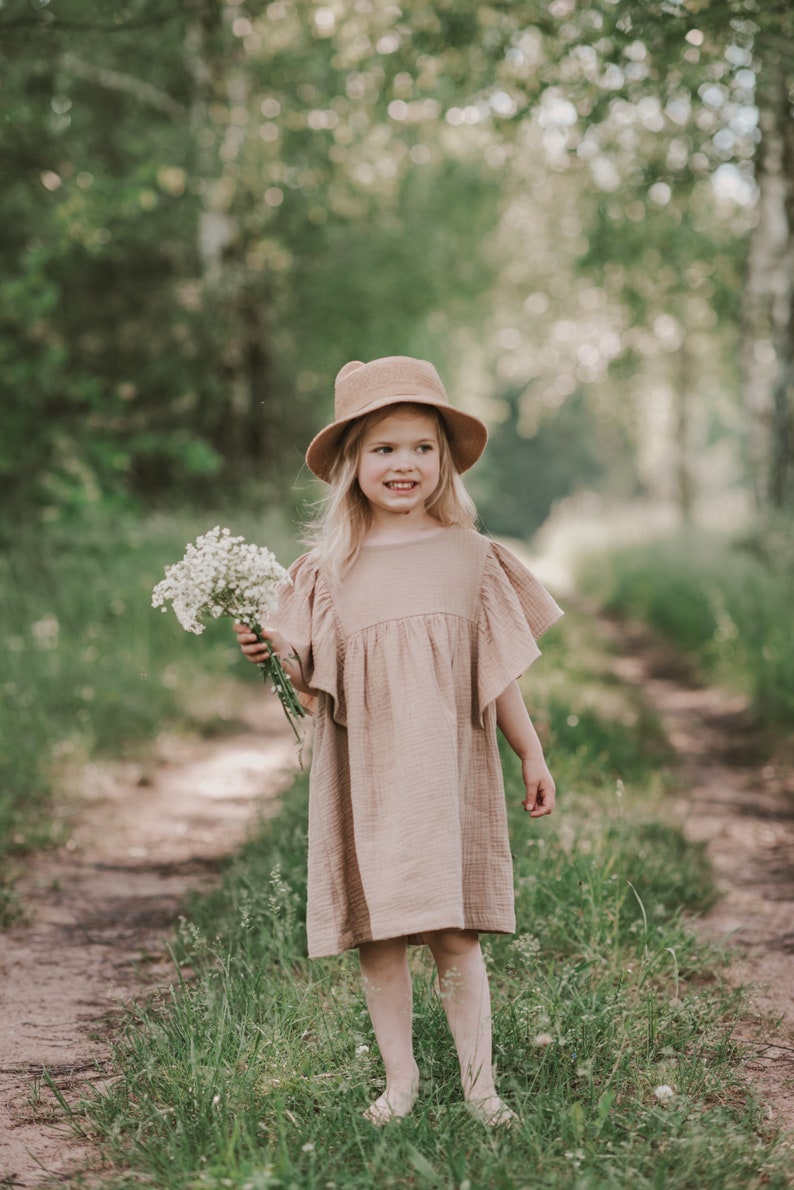 Mädchen Kleid Musselin, Schmetterling Ärmel, Baumwolle, BEIGE Bild 2