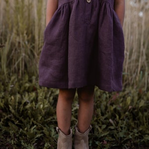 Linen short sleeve dress for girls, loose fit, PLUM image 8