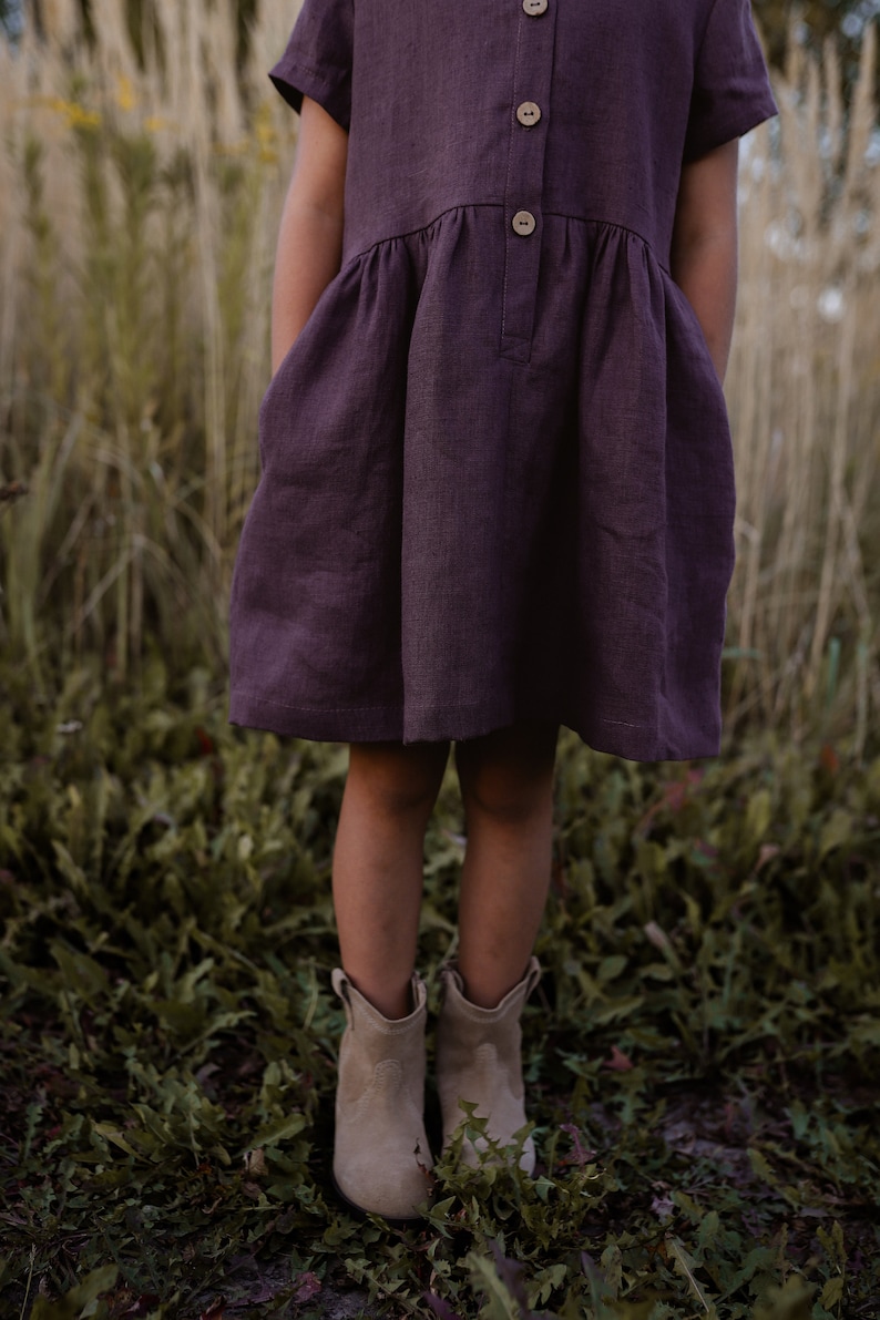 Linen short sleeve dress for girls, loose fit, PLUM image 8