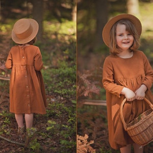 Girls Muslin Dress, Long Sleeve, Cotton, Caramel zdjęcie 3