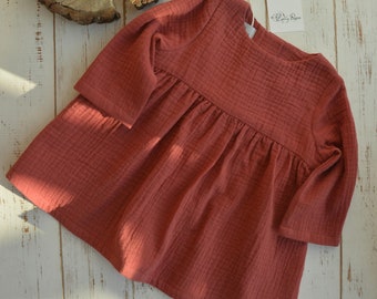 Girls Muslin Long Sleeve Dress Cotton Paprika