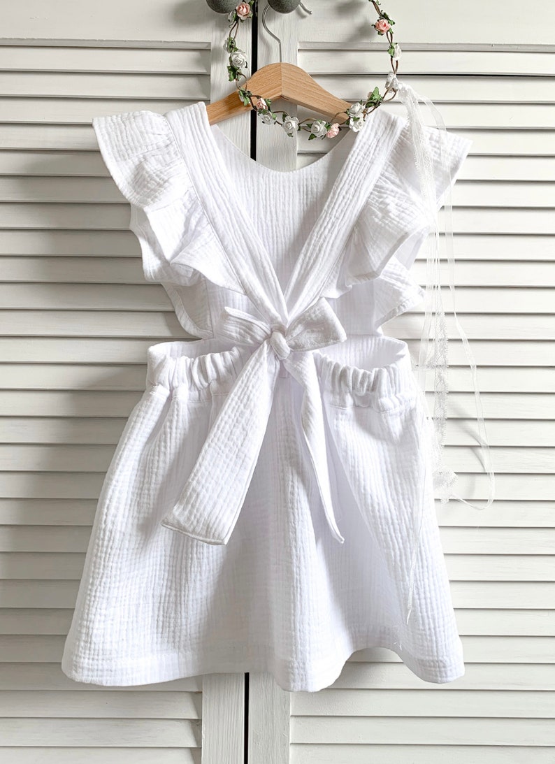 Mädchen Kleid aus Musselin Baumwolle SENF White