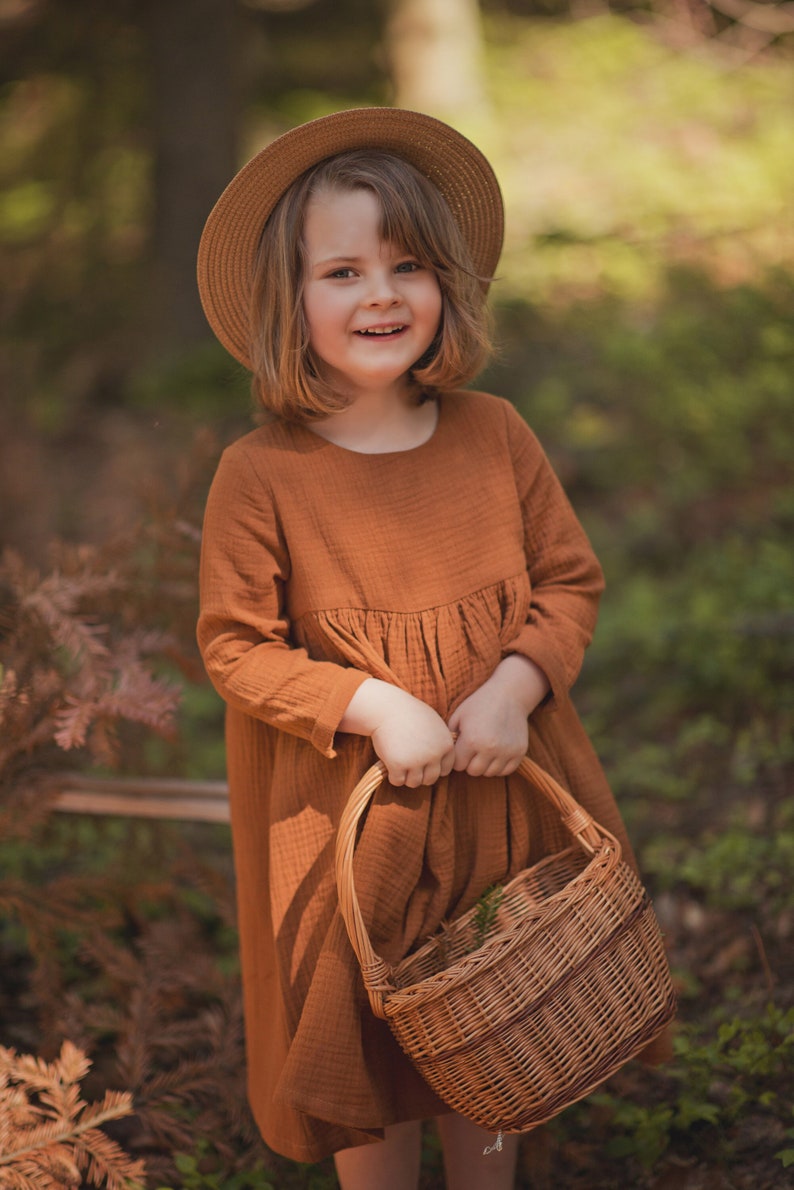 Girls Muslin Dress, Long Sleeve, Cotton, Caramel zdjęcie 2