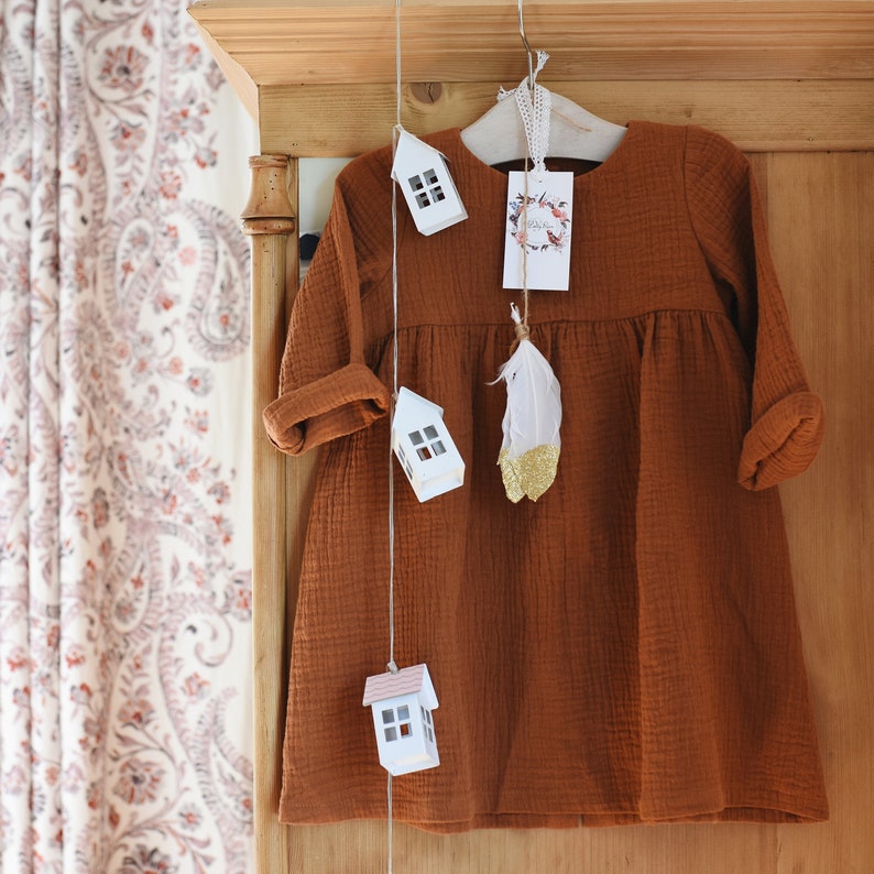 Girls Muslin Dress, Long Sleeve, Cotton, Caramel image 5