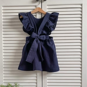 Mädchen Kleid aus Musselin Baumwolle SENF Navy Blue