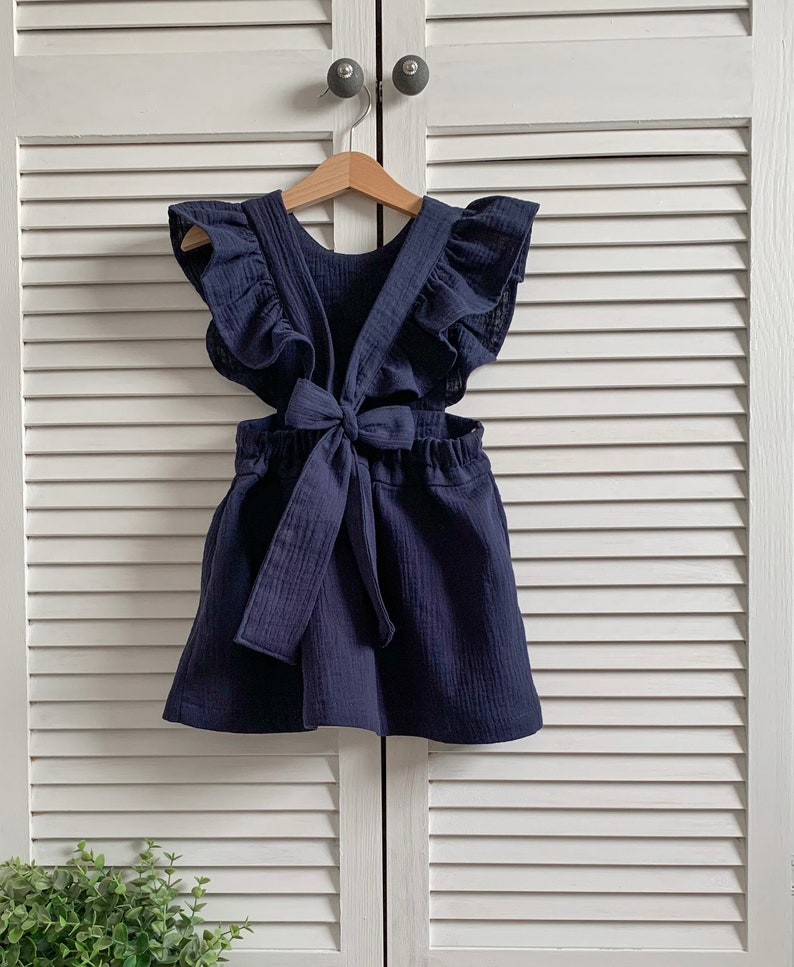 Mädchen Kleid aus Musselin Baumwolle SENF Navy Blue