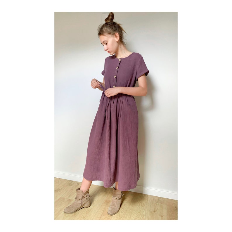 Loose short sleeve double gauze woman dress , GRAPE Colour, Cotton image 2