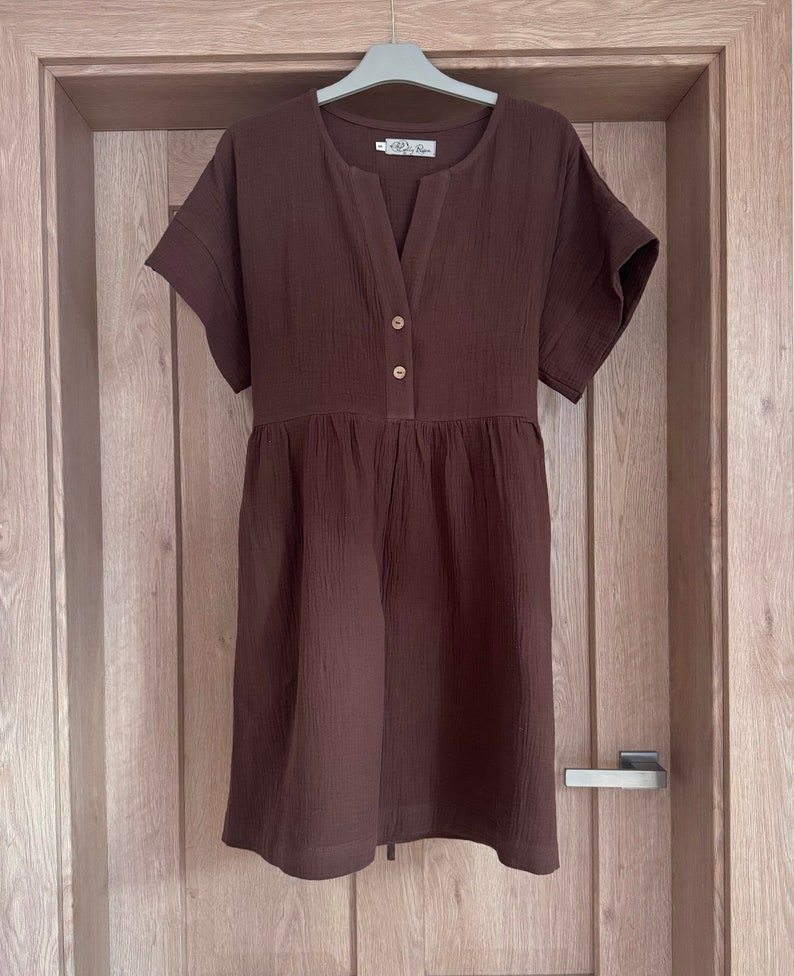 Loose short sleeve double gauze woman dress, Plus size Brown