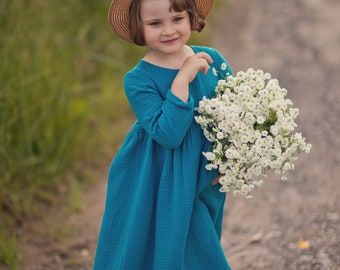 Girls Muslin Long Sleeve Dress Cotton Mosaic Blue