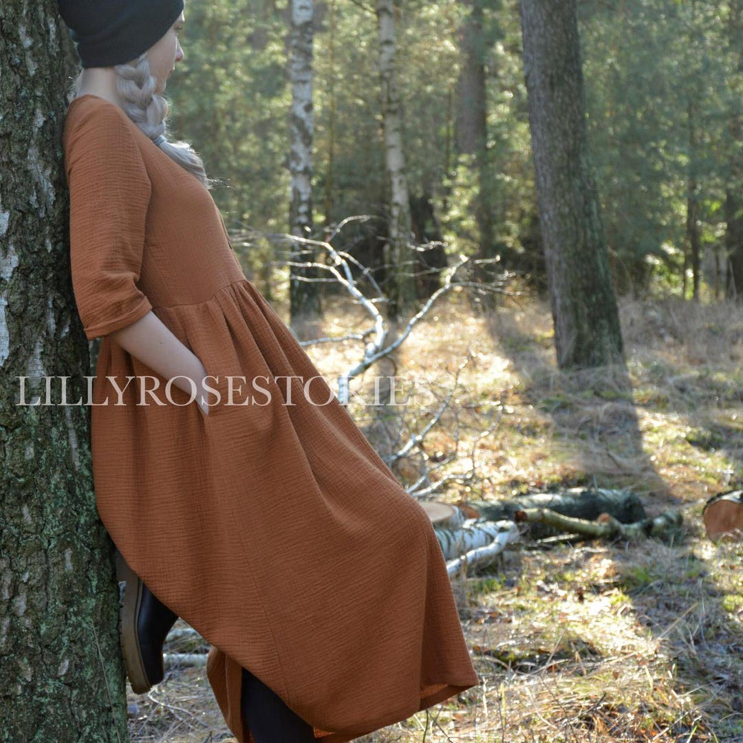 Mousselinejurk, oversized jurk, CARAMEL-kleur, losse pasvorm