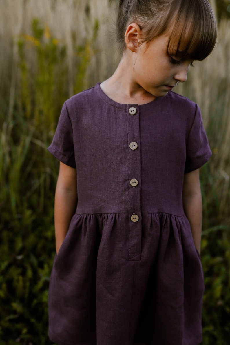 Linen short sleeve dress for girls, loose fit, PLUM image 1