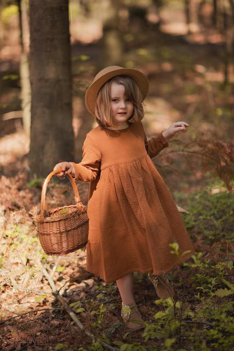 Girls Muslin Dress, Long Sleeve, Cotton, Caramel zdjęcie 1