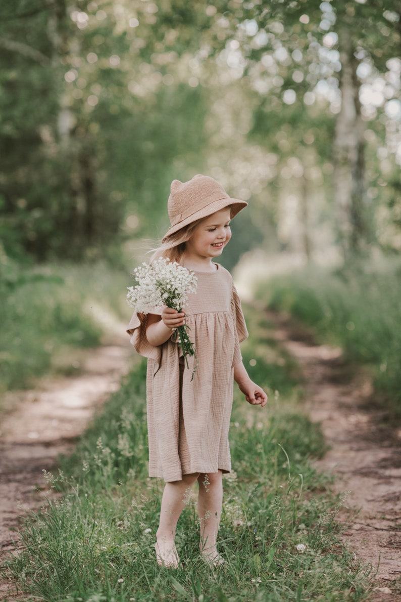 Mädchen Kleid Musselin, Schmetterling Ärmel, Baumwolle, BEIGE Bild 3