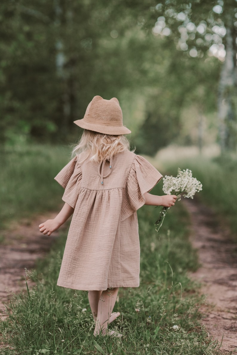 Mädchen Kleid Musselin, Schmetterling Ärmel, Baumwolle, BEIGE Bild 1