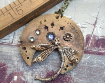 Steampunk necklace with dragonfly and flower  Original Design - Unique - handcrafted artisan jewelry - The Victorian Magpie