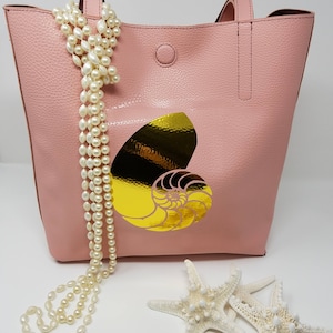 Coastal Chic Pink Vinyl Tote w/ Gold Metallic Nautilus Shell