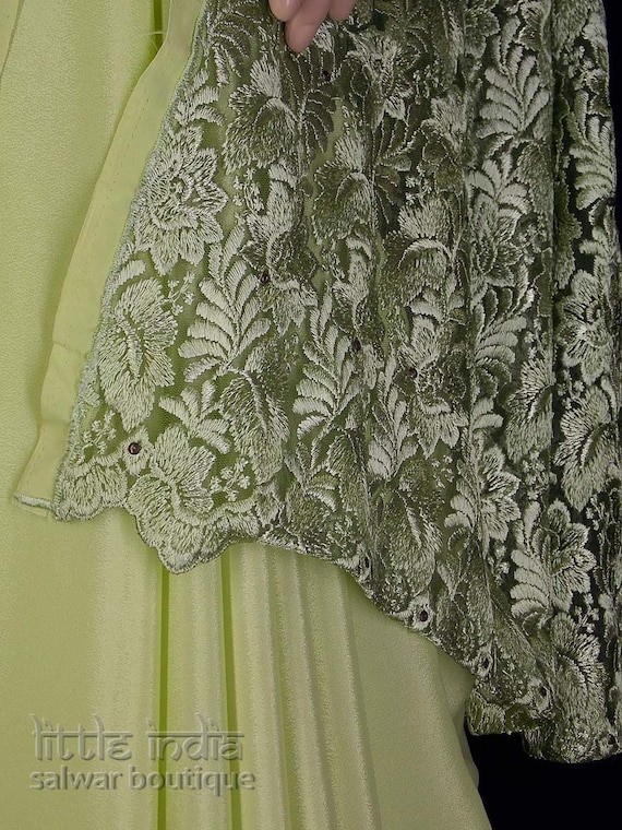 Pistachio green crepe saree with embroidered net b