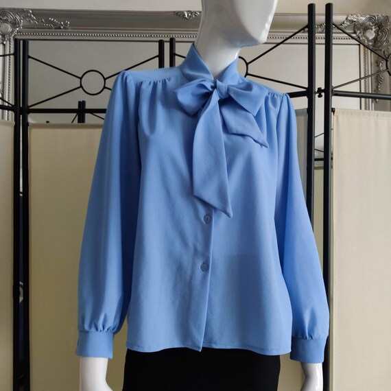 Blue Bow Tie Blouse. Bow Tie Shirt. Vintage Bow Ne