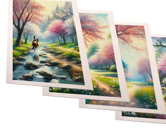 A Set of 4 Prints. Original Art; Cherry Blossom Park Collection.  Ready to frame 8 x 10 fine art prints.  Cherry trees in a park.