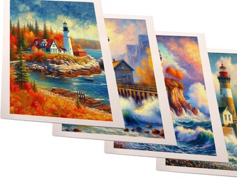 A Set of 4 Prints. Original Art; Autumn Lighthouse Collection.  Ready to frame 8 x 10 fine art prints.  Lighthouses in fall colors.