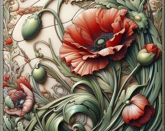 Ceramic Tile Mural, Art Nouveau  #49.  A ceramic tile mural of red flowers against green vines in an elegant design.