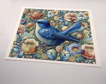 A Set of 4 Canvas Prints. Original Art; Songbird Collection #1.  Ready to frame 8 x 10 canvas prints. A bird in the style of William Morris.