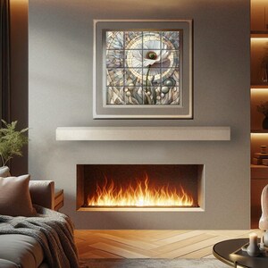 a cozy living room with a fireplace, a framed stained glass artwork above it, and a comfortable couch and armchair arranged around the fireplace.