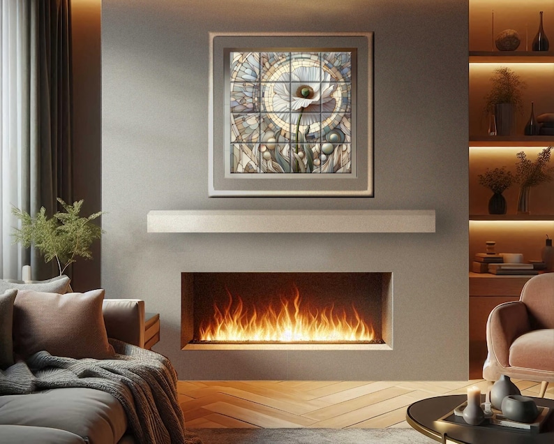 a cozy living room with a fireplace, a framed stained glass artwork above it, and a comfortable couch and armchair arranged around the fireplace.